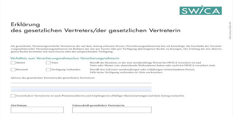 SWICA Erklärung gesetzlicher Vertreter
