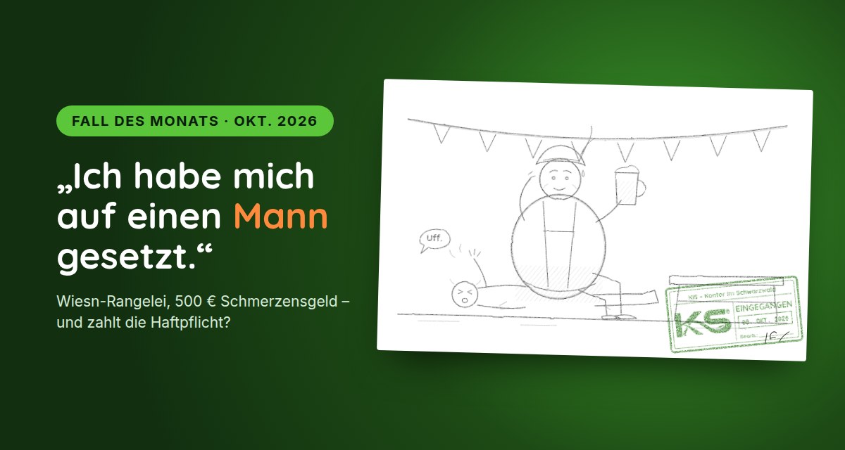 Pencil sketch: in a beer tent, a portly man with a Tyrolean hat and a beer stein sits on a man lying on the floor – Case of the Month, October 2026