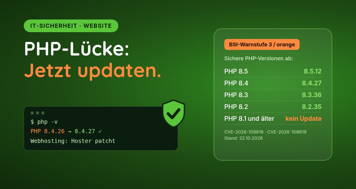 Графика: уязвимость PHP – уровень предупреждения BSI 3, безопасные версии PHP 8.5.12, 8.4.27, 8.3.36 и 8.2.35, PHP 8.1 и более ранние без обновлений