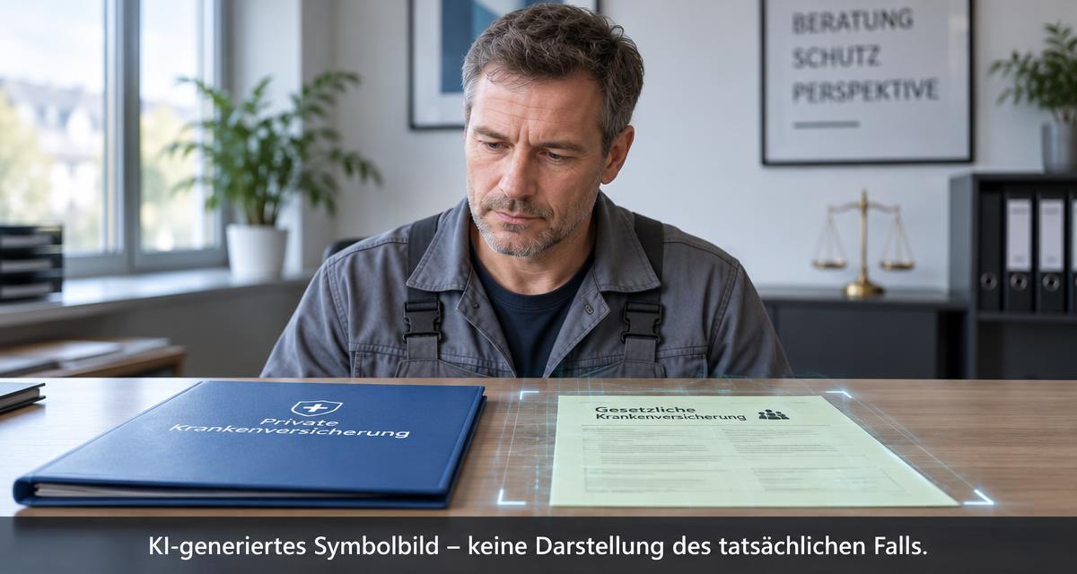 KI-generiertes Symbolbild: Ein Handwerker prüft Unterlagen zur privaten und gesetzlichen Krankenversicherung