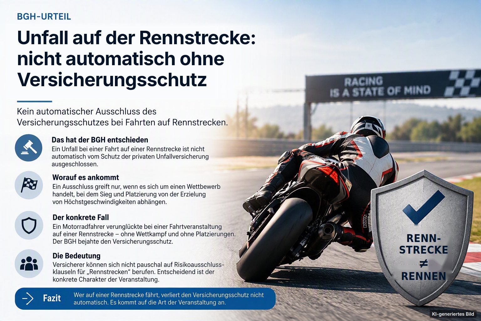 KI-generierte Infografik: Motorradfahrer in Schräglage auf einer Rennstrecke, daneben ein Schild mit Haken und der Aufschrift „Rennstrecke ≠ Rennen“ – Zusammenfassung des BGH-Urteils zur Unfallversicherung