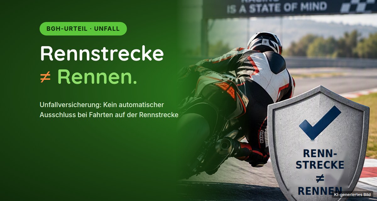 AI-generated infographic: motorcyclist on a racetrack, sign “Racetrack ≠ race” – BGH ruling on accident insurance