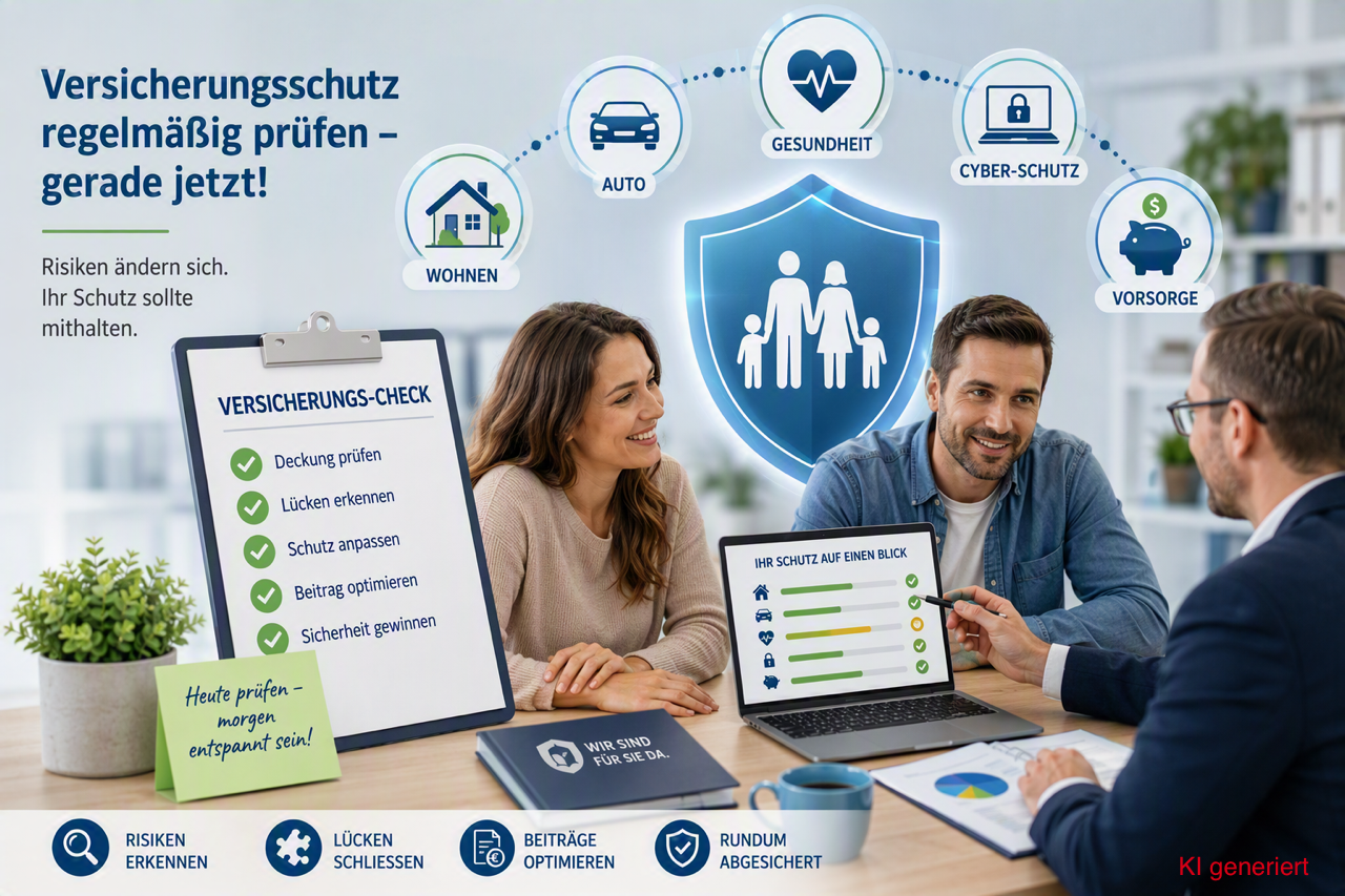 Beratungsgespräch zum Versicherungs-Check 2026: Deckung prüfen, Lücken erkennen, Beiträge optimieren – KI-generierte Illustration
