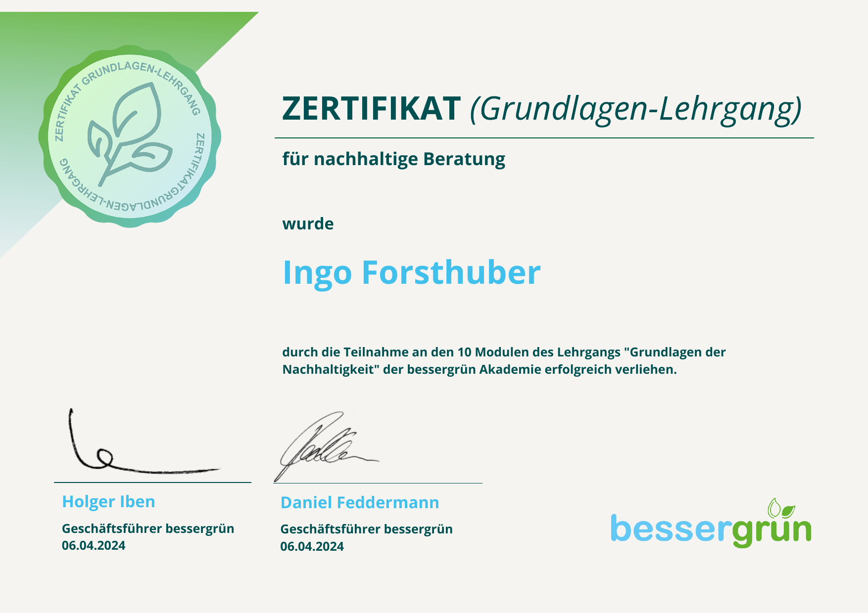 bessergrün Zertifikat 2024 – Grundlagen-Lehrgang nachhaltige Beratung